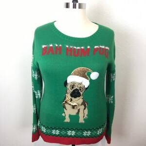 Holiday Traditions Pug Ugly Christmas Sweater Dog Bone Gold Snowflake